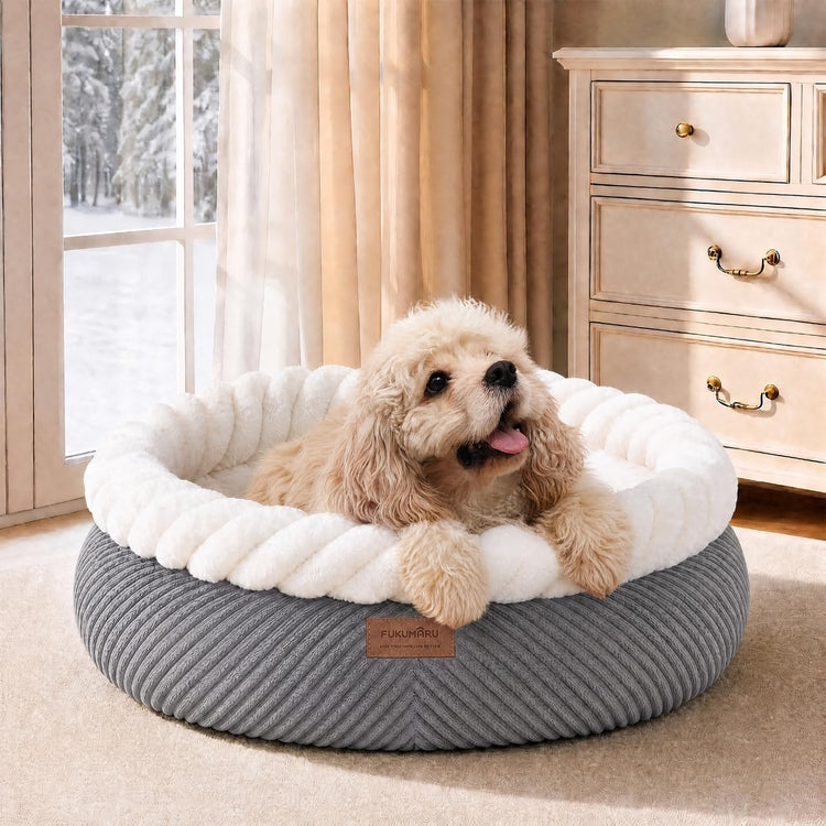FUKUMARU Cat Bed, Calming Donut Dog Beds, Plush Faux Fur&Corduroy Kitten Beds, Cute Round Washable Pet Bed for Large Cats and Puppy, Cat Cave with Anti-Slip Bottom, 21inch, Camel