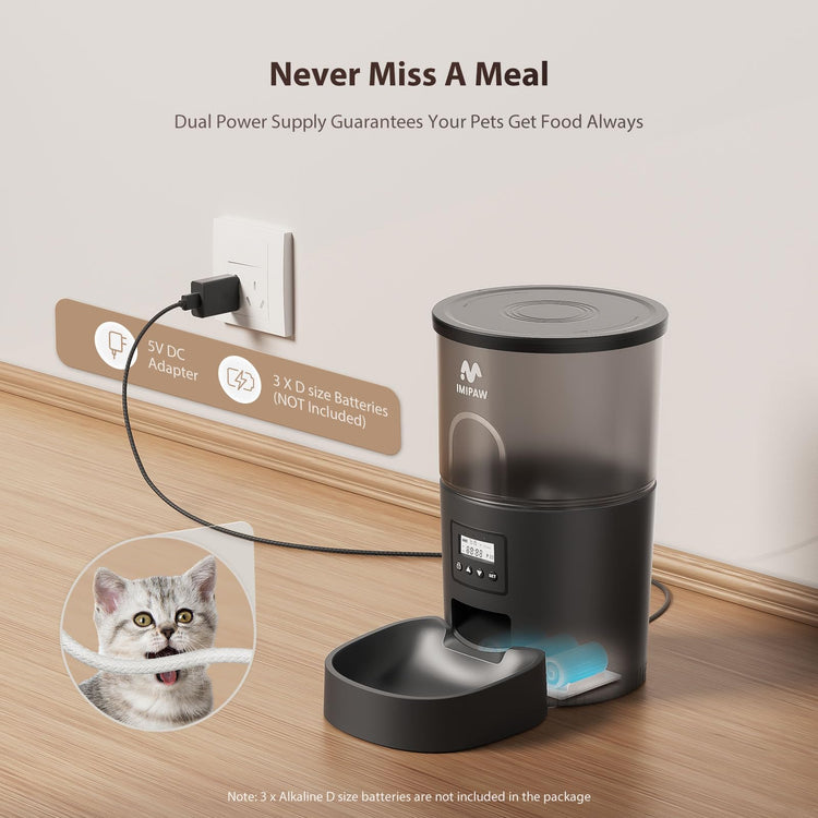 IMIPAW Automatic Cat Feeders, Timed Cat Dry Food Dispenser with Desiccant Bag, Dual Power Supply, Programmable Portion Size, 6 Meals, 20 Portions Per Day, Auto Pet Feeder for Cats and Small Dog, White