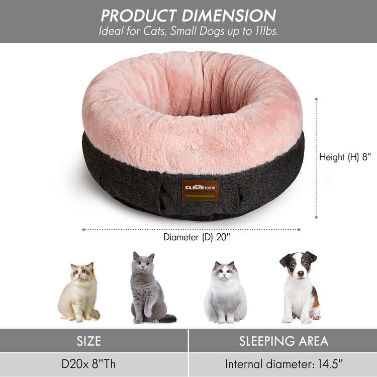 ClevaHome Cat Dog Bed for Small Pets up to 15lbs - Round Cat Beds for Indoor Cats, Machine Washable Comfortable Pet Bed for Puppy and Kitten with Non-Slip Bottom (Plum Pink)