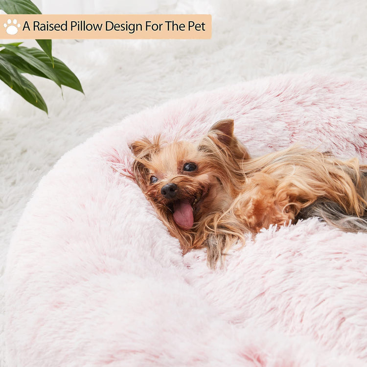 WNPETHOME Calming Dog Bed & Cat Bed, Anti-Anxiety Donut Small Dog Bed, Fluffy Faux Fur Cats Cushion Puppy Bed for Small Pets and Cats (24 x 24 inch, Light Coffee)