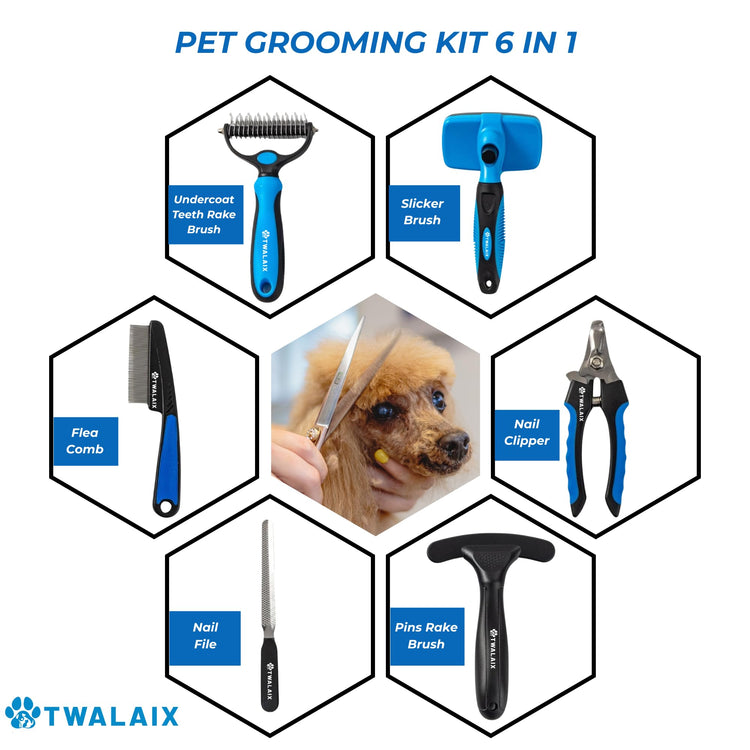 8 in 1 Pet Grooming Kit for Dogs & Cats – Deshedding Brush, Undercoat Rake, Slicker Brush, Nail Clipper, Scissors & Bath Brush for All Coat Types
