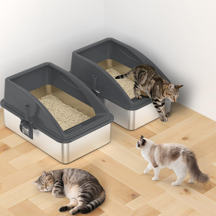 2 Pack Stainless Steel Litter Box for Kitty | Metal Kitty Litter Box with Lid High Sided for Small Cats or Injured Cats, Bunny Litter Boxes, Low Entry, Odor-Free, Non-Stick,Includes Scoop