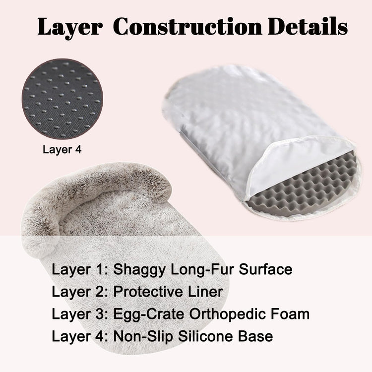 Orthopedic Dog Bed with Egg-Crate Base, Calming Dog & Cat Beds Long Plush with Raised Edges, Spine Friendly Pet Sleeping Mat for Small Medium Dogs, Machine Washable (Oval, Beige 26"x20")