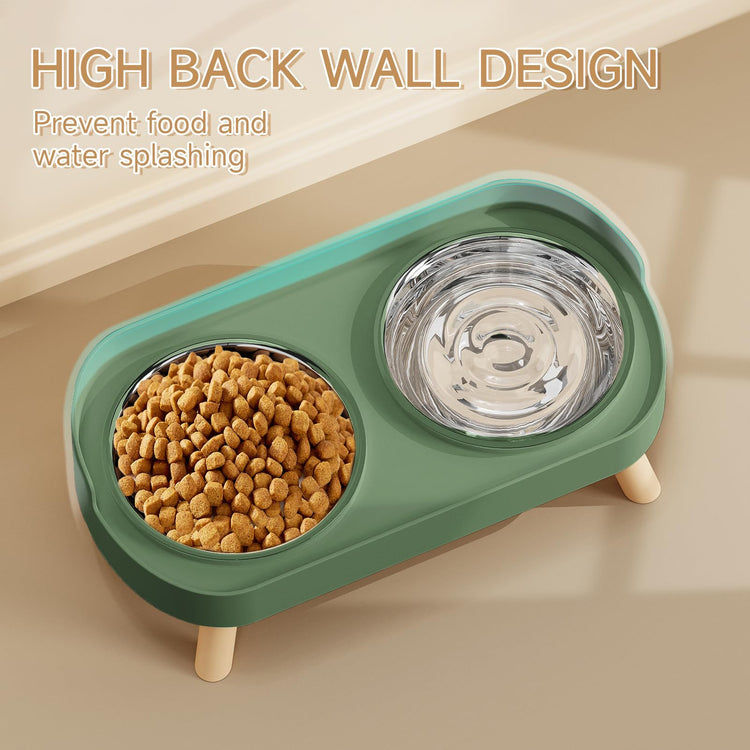 Elevated Cat Bowl, Raised Cat Food and Water Bowl Set for Indoor Cats, Splash Proof with 2 Stainless Steel Pet Food Bowls for Cats and Puppies, Whisker Fatigue and Dishwasher Safe - White