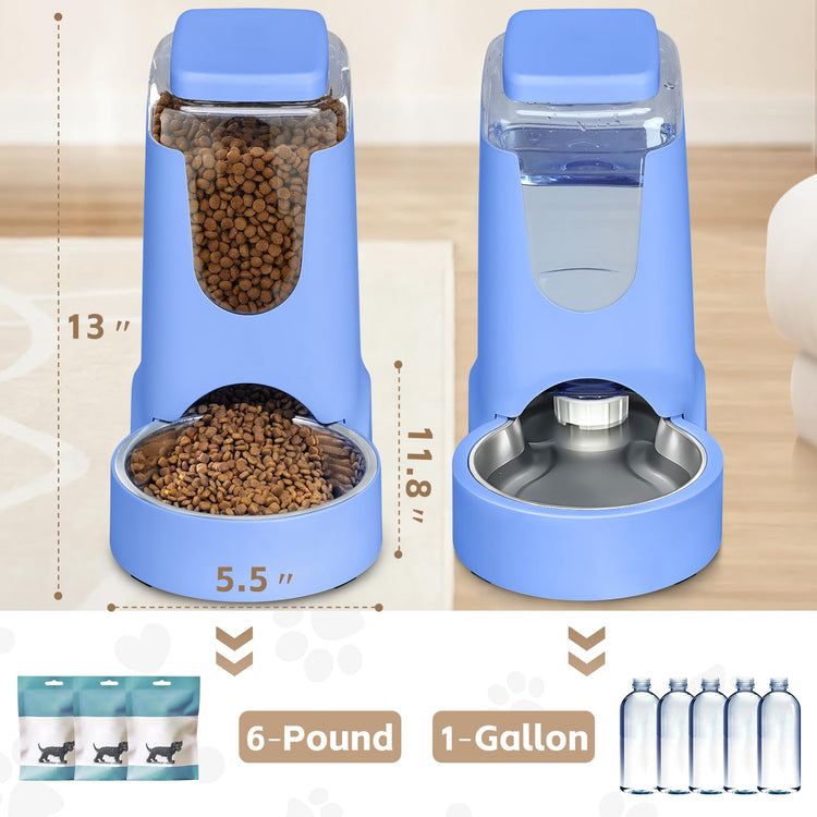 Automatic Cat Feeder and Water Dispenser with Stainless Steel Bowl Dog Gravity Food Feeder and Waterer for Small Medium Pets Puppy Kitten 1 Gallon x 2