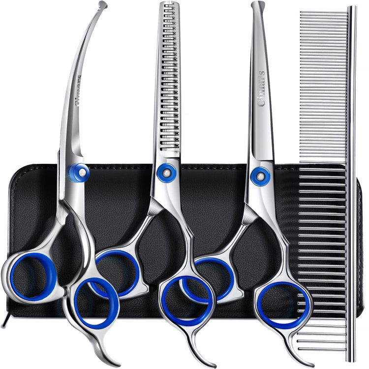 Gimars Titanium Coated Professional 6 in 1 4CR Stainless Steel Dog Grooming Scissors with Safety Round Tip, Heavy Duty Pet Grooming Scissor for Dogs, Cats and Other Animals