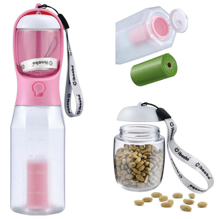 Cibaabo Dog Water Bottle with Food Container & Poop Bag Holder, Travel Water Bowl, Portable Pet Dispenser, Dog Gifts Stuff Accessories Items, Puppy Essentials for Yorkie Chihuahua Walking Hiking