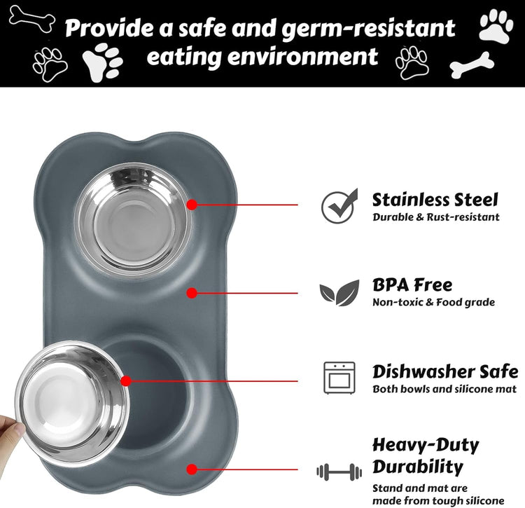 AsFrost Dog Food Bowls Stainless Steel Pet Bowls & Dog Water Bowls with No-Spill and Non-Skid, Feeder Bowls with Dog Bowl Mat for Dogs Cats and Pets-Pink, 24 0z in Total