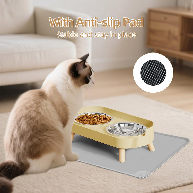 Elevated Cat Bowl, Raised Cat Food and Water Bowl Set for Indoor Cats, Splash Proof with 2 Stainless Steel Pet Food Bowls for Cats and Puppies, Whisker Fatigue and Dishwasher Safe - White