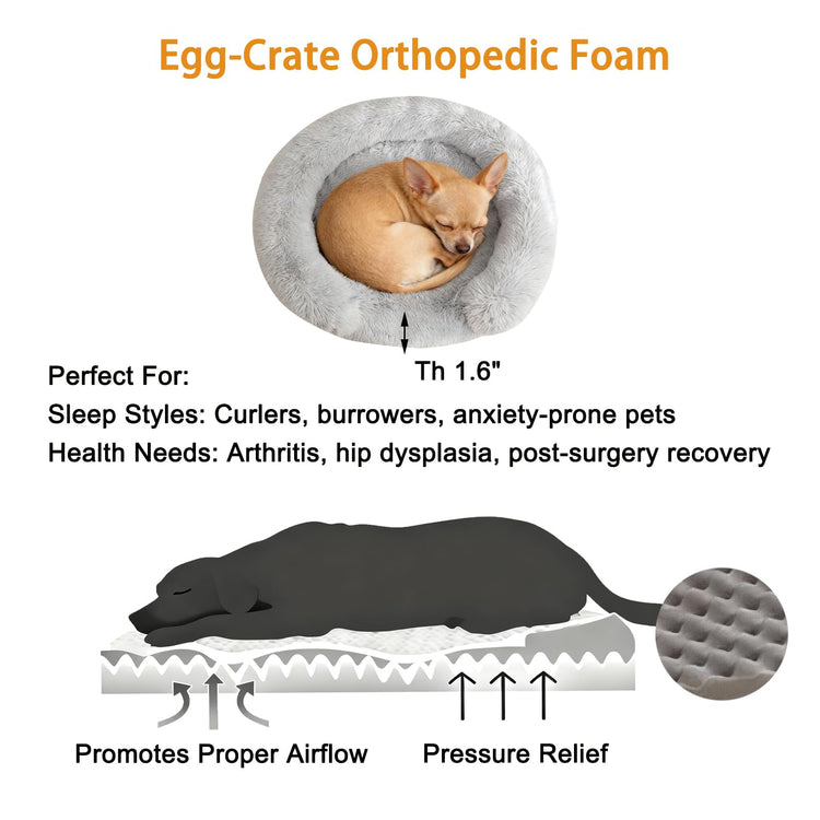 Orthopedic Dog Bed with Egg-Crate Base, Calming Dog & Cat Beds Long Plush with Raised Edges, Spine Friendly Pet Sleeping Mat for Small Medium Dogs, Machine Washable (Oval, Beige 26"x20")