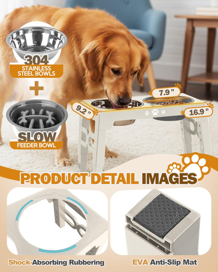 Jovrun Elevated Dog Bowls for Medium Large Size Dogs, Non-Slip Dog Feeder with 1*Stainless Steel Dishes & 1*Slow Feeder Bowl, 5 Heights Adjustable Raised Bowls to 3.15″-8.66″-9.84″-11.02″-12.2″