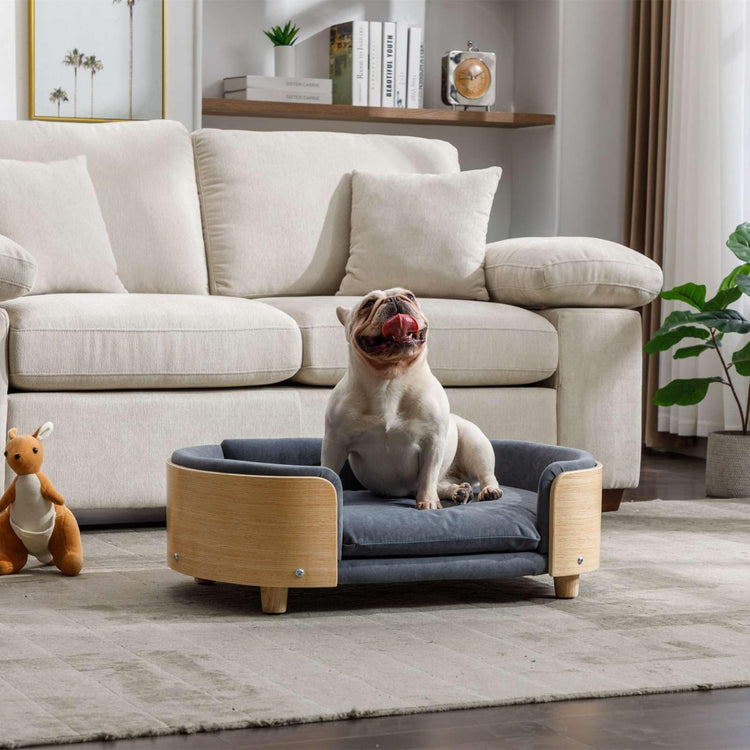 Velvet Dog Bed Pet Sofa with Solid Wood Legs and Bent Wood Back, Stain-Resistant Cushion in Multiple Colors - Luxury Pet Furniture for Cats and Dogs, Dark Grey