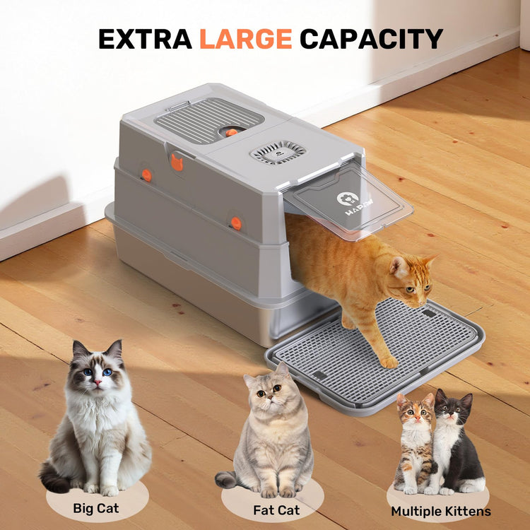 Stainless Steel Litter Box with Lid, Anti-Leakage Enclosed Metal Litter Box, Flip-Top Extra Large Kitty Litter Pan with Scoop & Pedal, Odor Free, Front & Top Dual Entry, Black