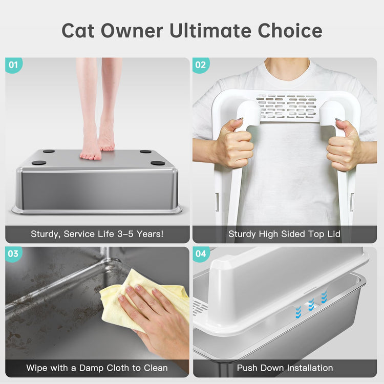 WoofiGo Enclosed Stainless Steel Cat Litter Box with Lid, XL Extra Large Litter Box for Big Cats, Metal Litter Pan High Sided, Never Absorbs Odors, Anti-Urine Leakage, Easy Cleaning, Include Scoop
