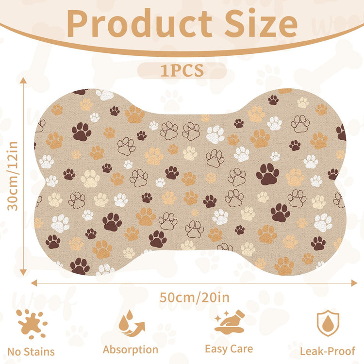 Pet Dog Cat Food Mat, Absorbent Bone Shaped Dog Bowl Mats for Food and Water, Non Slip Cute Dogs Cat Placemats Feeding Mat with Rubber for Floors Indoor Puppy Pet Accessories Supplies 12"x20" Khaki
