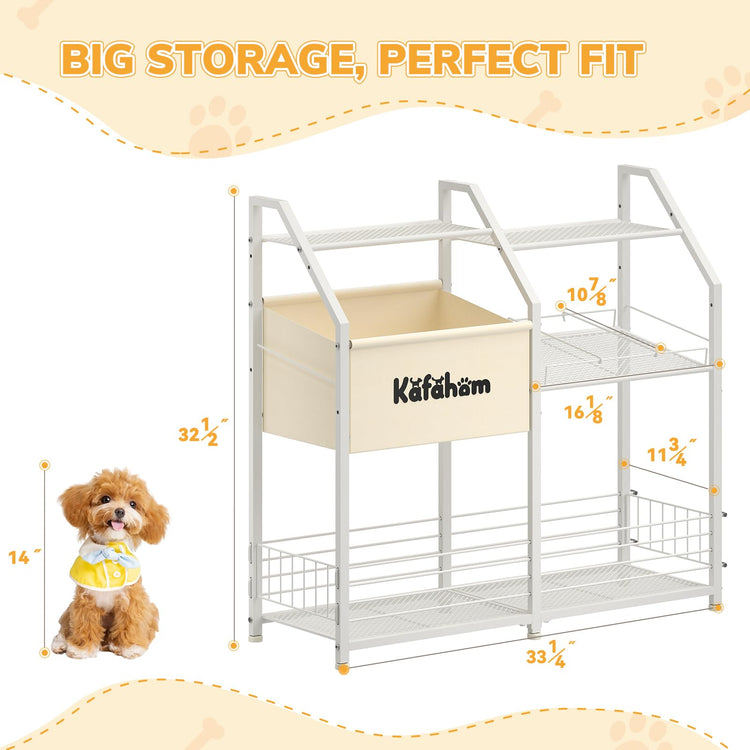 KAFAHOM Dog Toy Basket with Collar Leash Holder Hooks, Large Pet Bin, Dog Toy Box for Living Room Area, Cat Stuff Storage Organizer with Cabinet and Can Dispenser, Great Gifts for Pet Lovers