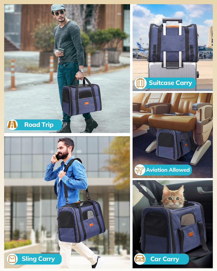 Morpilot Pet Carrier for Large Cats, Puppies & Small Dogs Up to 25lbs, Escape-Proof with Locking Zippers, Dual-Sided Cushion, Safety Buckle for Car & Vet Travel, Includes Foldable Bowl (Dark Gray)