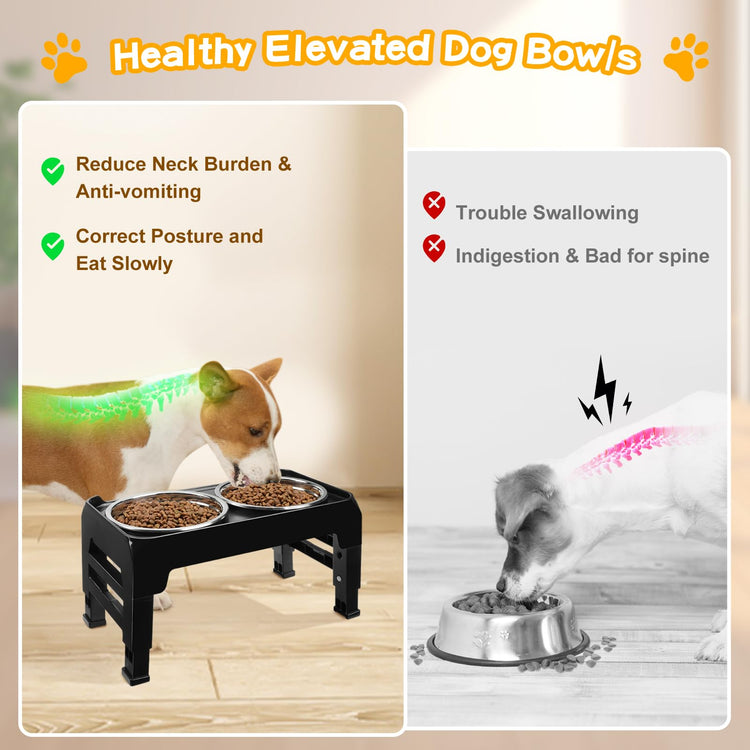COMESOON Elevated Dog Bowls, 4 Height Adjustable Raised Bowl Stand with 2 Thick 50oz Stainless Steel Food Bowls Non-Slip Feeder Adjusts to 3.7'', 9.2'', 10.75'', 12.36'' Black, (DB-W01)
