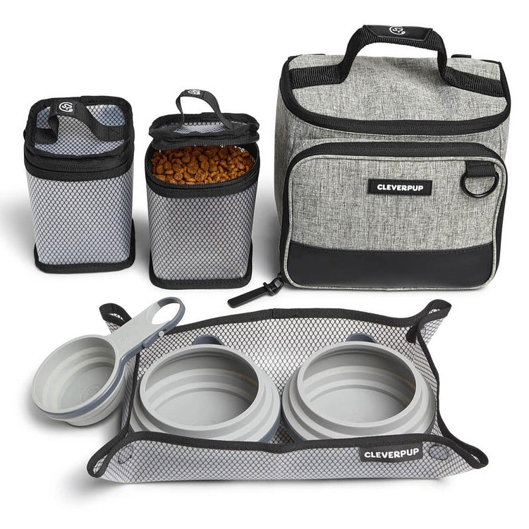 Cleverpup, Large 7-Piece Bistro Box Dog Food Travel Kit, 12-Cup Kibble Storage, 2 Silicone Bowls, Mat & Scoop - Premium Portable Pet Food Kit for Weekends, Overnights, Daycare & Camping, Checkerboard