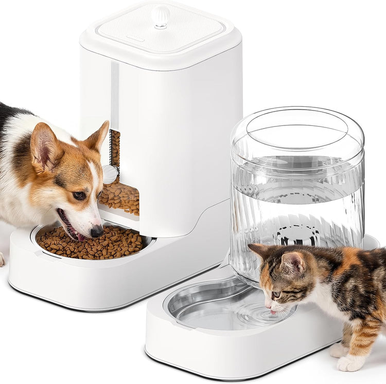 JUNSPOW Automatic Cat Feeder Dog Water Bowl Dispenser Set with Stainless Steel Bowl, Adjustable Food Dispensing & Keep Food Dry, Auto Pet Feeder and Waterer for Cats and Dogs