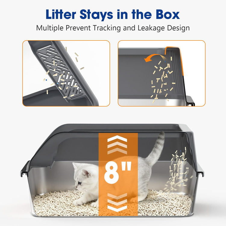 2 Pack XL Stainless Steel Litter Box, Metal Cat Litter Boxes with Lid, High Sided Enclosed Litter Boxes for Big Cat and Multiple Cats, Anti-Urine Leakage | Non-Stick Bottom & Includes Scoop