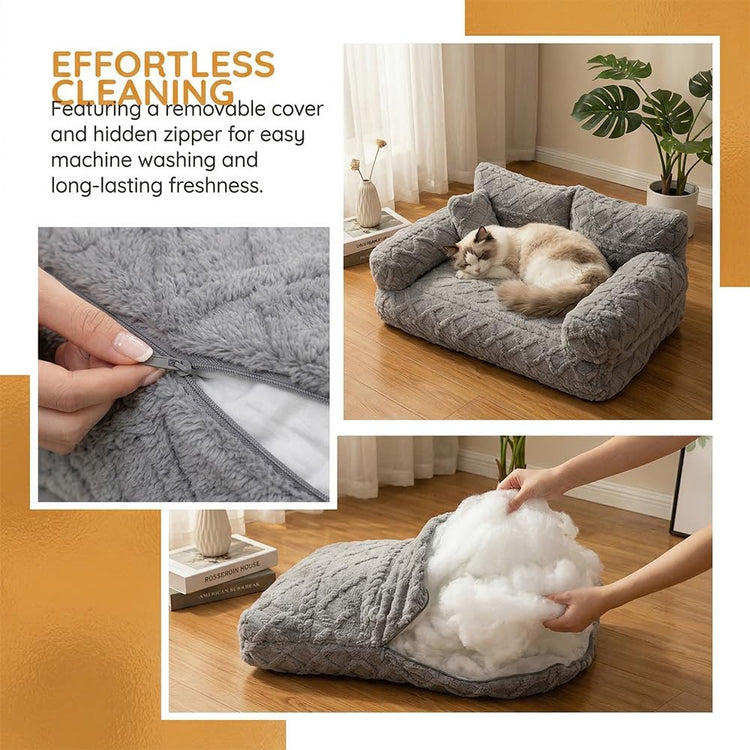 Plush Calming Pet Sofa Bed, 6 Sizes Large Fluffy Dog Cat Couch Beds Plush for Indoor, Raised Rim, Removable Cover & Non-Slip Bottom for Cats and Dogs of Any Size (Dark Grey, Small)