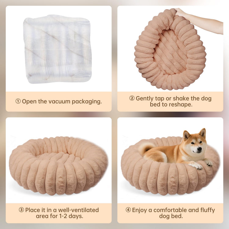 Donut Dog and Cat Bed, Luxurious Comfortable Faux Rabbit Fur Pet Beds, Round Anti-Anxiety Calming Puppy Kitten Bed with Anti-Slip Bottom for Small Medium Dogs & Cats(28", White)