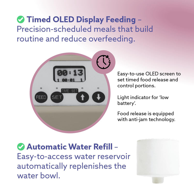 Feeding Friend® Automatic Dog & Cat Food Feeder with Water Dispenser –Smart Pet Feeder with Portion Control, OLED Display, Anti Jam Design, Battery Operated Dispenser for Small - (XS) Pets 4-15 Taupe