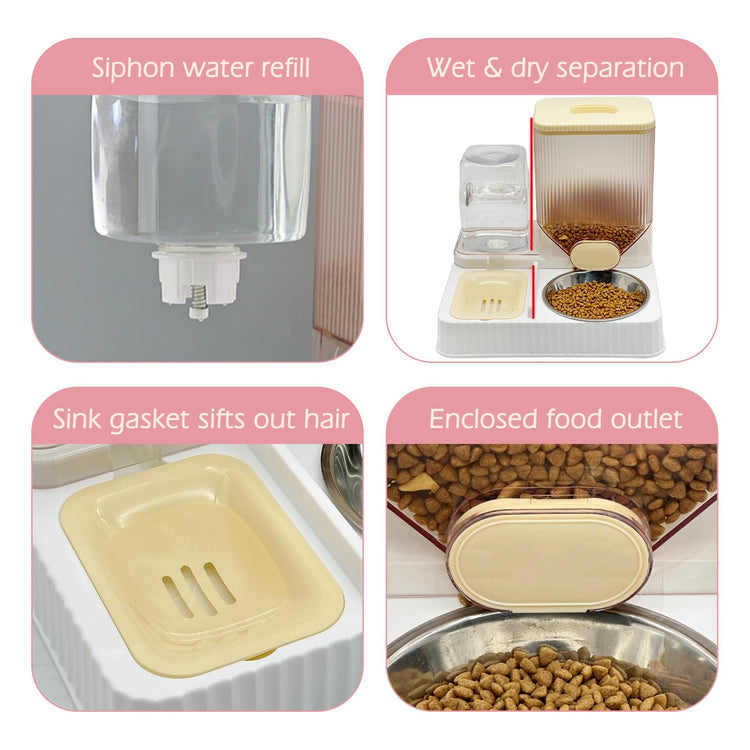 Fhiny Gravity Cat Feeder & Water Dispenser, 2 in 1 Automatic Puppy Waterer Removable Stainless Steel Food Bowls Set Self Feeding Pet Food Storage for Cat Kitten Puppy Easy Clean (White)
