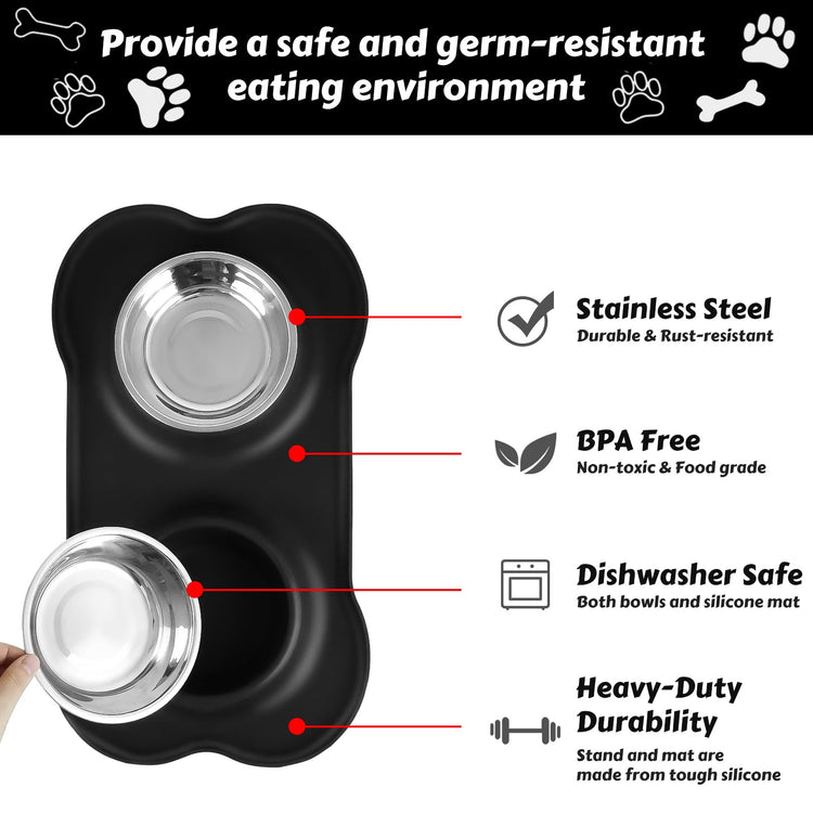 AsFrost Dog Food Bowls Stainless Steel Pet Bowls & Dog Water Bowls with No-Spill and Non-Skid, Feeder Bowls with Dog Bowl Mat for Dogs Cats and Pets-Pink, 24 0z in Total