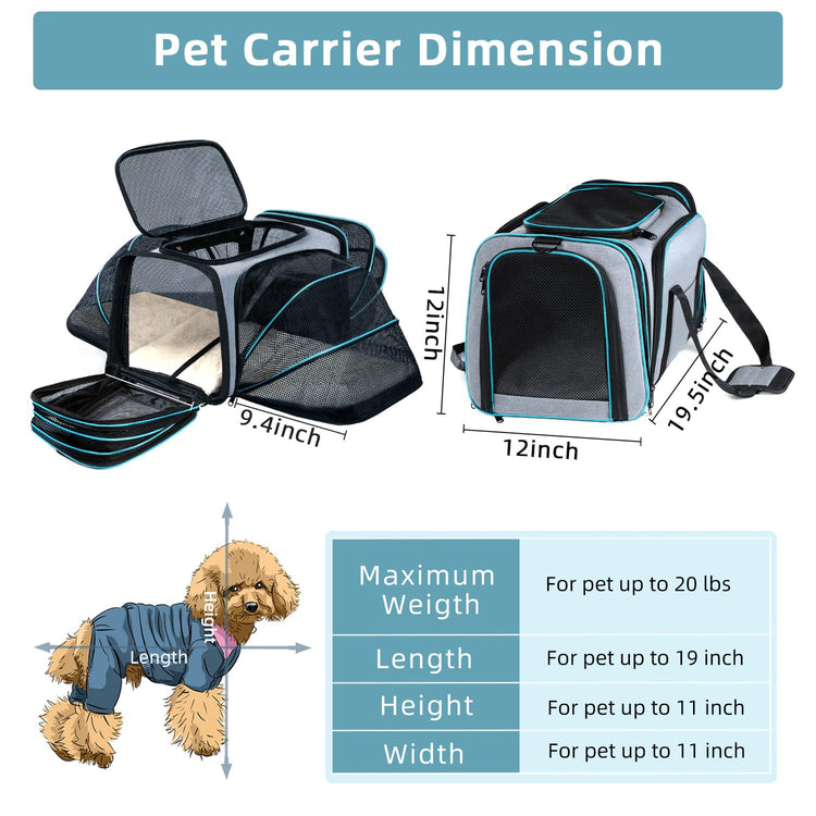 Cat Dog Carrier - Airline Approved Expandable Soft-Sided Pet Carrier with Removable Fleece Pad and Pockets, for Cats/Puppy and Small Animals Large(2 side expandable)