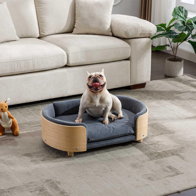 Velvet Dog Bed Pet Sofa with Solid Wood Legs and Bent Wood Back, Stain-Resistant Cushion in Multiple Colors - Luxury Pet Furniture for Cats and Dogs, Dark Grey