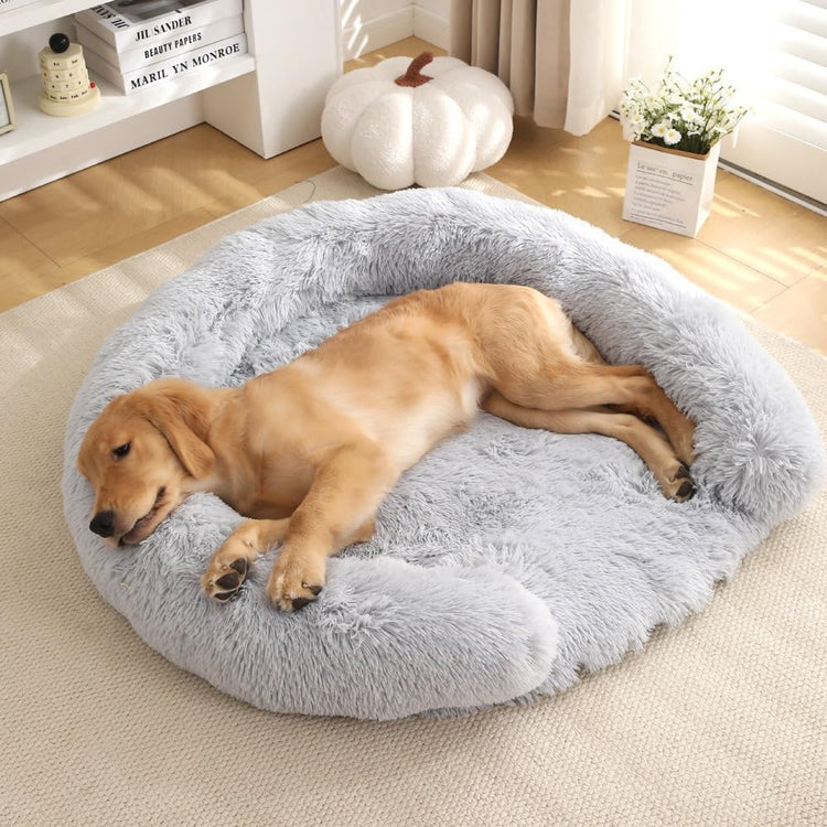 Orthopedic Dog Bed with Egg-Crate Base, Calming Dog & Cat Beds Long Plush with Raised Edges, Spine Friendly Pet Sleeping Mat for Small Medium Dogs, Machine Washable (Oval, Beige 26"x20")