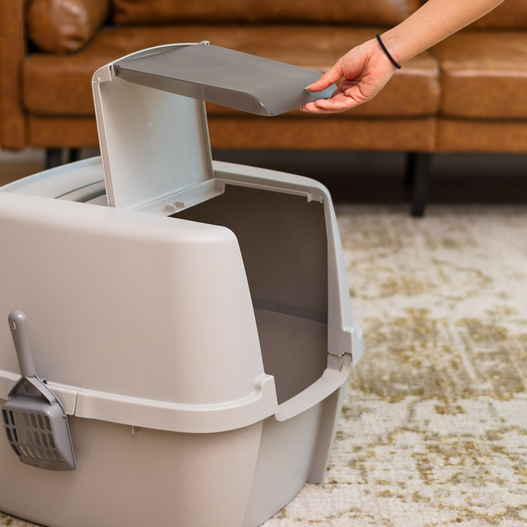 IRIS USA Cat Litter Box Large with Front Door Flap, Covered Enclosed Litter Box Enclosure with Scoop, Handle & Buckles for Portability & Privacy, Hidden Litter Pan, Navy