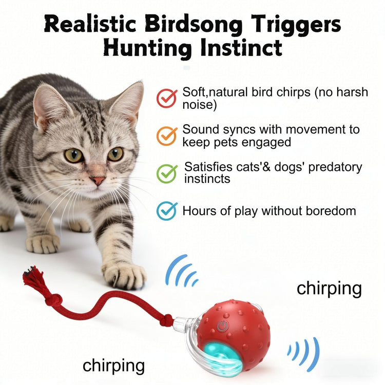 2PCS Interactive Cat Toys Ball, Tiny Fetch Interactive Dog Cat Toy Ball - 360° Automatic Scrolling with Birdsong, Smart Obstacle Avoidance, Rechargeable Boredom Buster for Pets (Blue+Red)