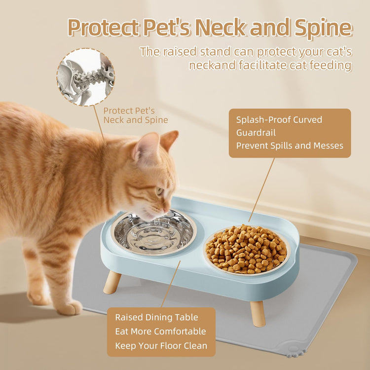Elevated Cat Bowl, Raised Cat Food and Water Bowl Set for Indoor Cats, Splash Proof with 2 Stainless Steel Pet Food Bowls for Cats and Puppies, Whisker Fatigue and Dishwasher Safe - White