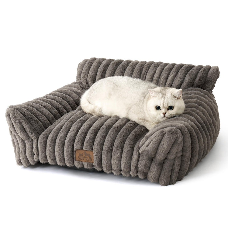 COZY KISS Cute Cat Couch, Fluffy Sofa Bed for Cats and Small Dogs, Premium Faux Rabbit Fur Cats beds for Indoor Cat, Ultra-Soft Supportive Pet Couch Furniture (Grey, S: 25.5''x17.5'')