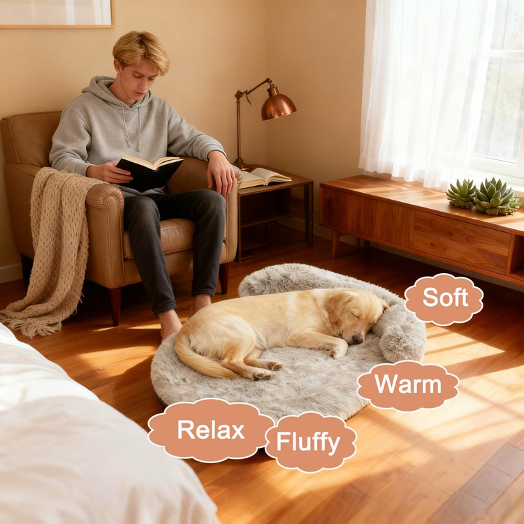 Orthopedic Dog Bed with Egg-Crate Base, Calming Dog & Cat Beds Long Plush with Raised Edges, Spine Friendly Pet Sleeping Mat for Small Medium Dogs, Machine Washable (Oval, Beige 26"x20")