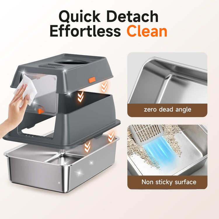 Extra Large Stainless Steel Litter Box with Lid, High Sided Enclosed Metal Cat Litter Pan, Dog Proof Front Entry Top Exit, Odor Control Easy Clean Leak Proof, Includes Scoop & Step, Black