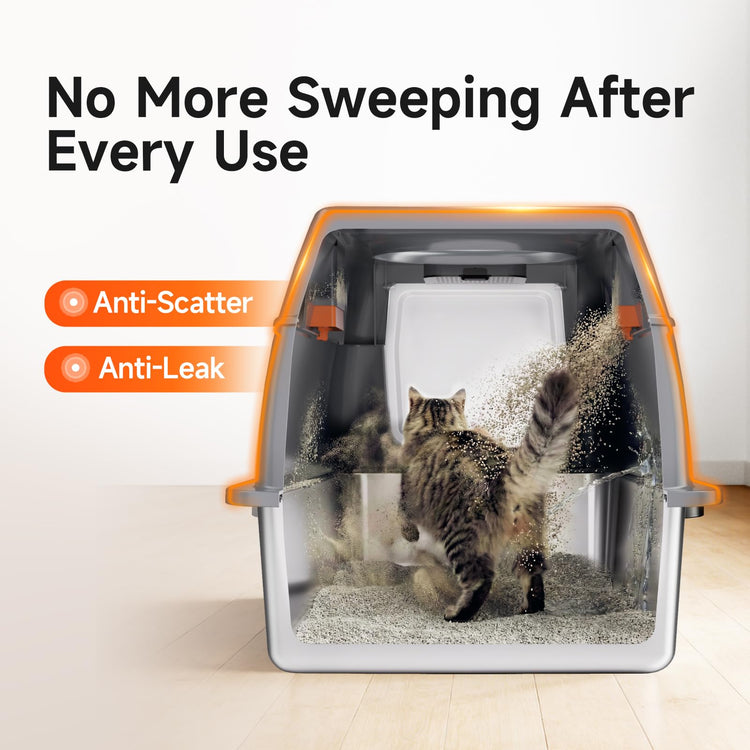 Extra Large Stainless Steel Litter Box with Lid, High Sided Enclosed Metal Cat Litter Pan, Dog Proof Front Entry Top Exit, Odor Control Easy Clean Leak Proof, Includes Scoop & Step, Black