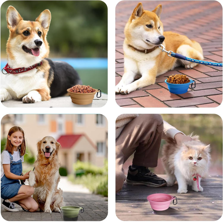 PetBonus 2-Pack Silicone Collapsible Dog Bowls, BPA Free Dishwasher Safe, Portable Foldable Expandable Travel Bowl, Food Water Feeding Cup Dish for Dogs Cats with 2 Carabiners (Turquoise, Tan)