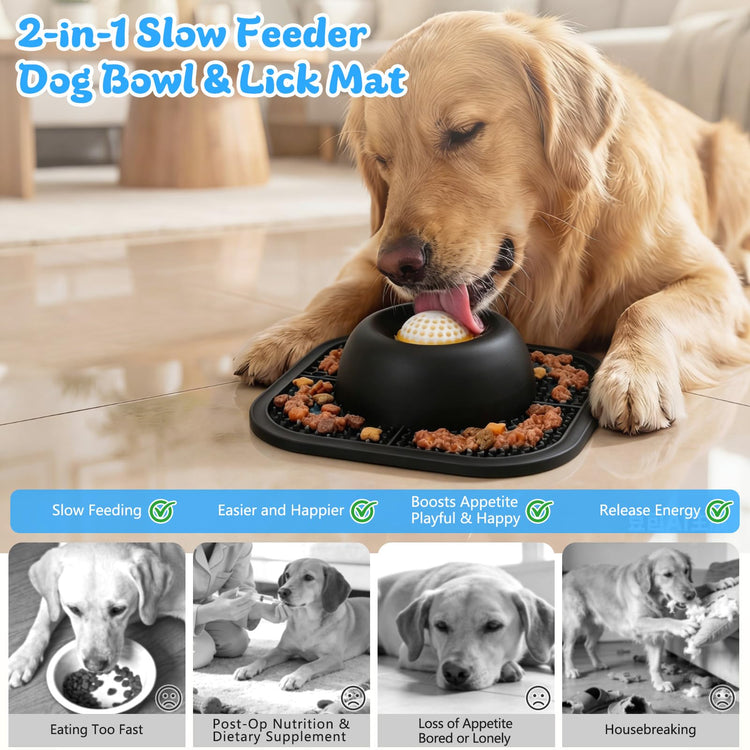 Slow Feeder Dog Bowls & Lick Mat for Liquid and Thick Treat, Anti-Slip Dog Lick Bowl with Interactive Rolling Ball, 5/6 Cup Pup Licking Toy for Large Medium Small Dogs and Cats Blue