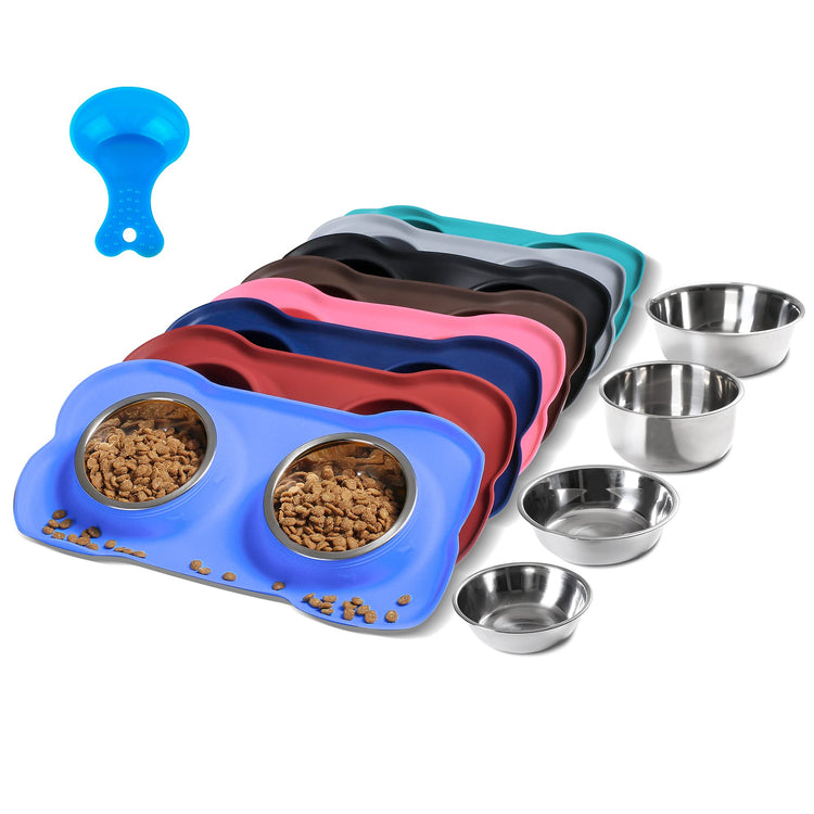 Hubulk Pet Dog Bowls 2 Stainless Steel Dog Bowl with No Spill Non-Skid Silicone Mat + Pet Food Scoop Water and Food Feeder Bowls for Feeding Small Medium Large Dogs Cats Puppies (Small, Blue)