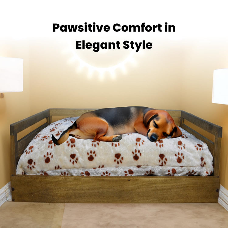 Iconic Pet Sassy Paws Wooden Pet Bed with Paw Printed Comfy Cushion for Dogs & Cats in Varying Sizes & Colors, Small-Rustic Brown