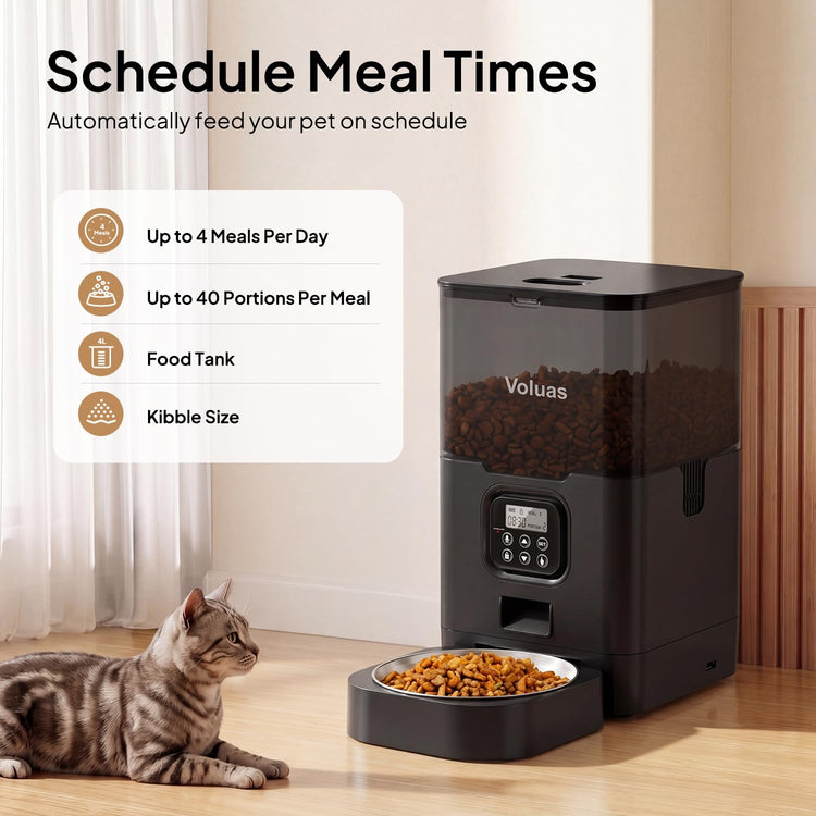 VOLUAS Automatic Cat Feeders - Timed Pet Feeder for Cats and Dogs with Dry Food Dispenser, Desiccant Bag, Programmable Portion Control, 4 Daily Meals, 10s Voice Recorder