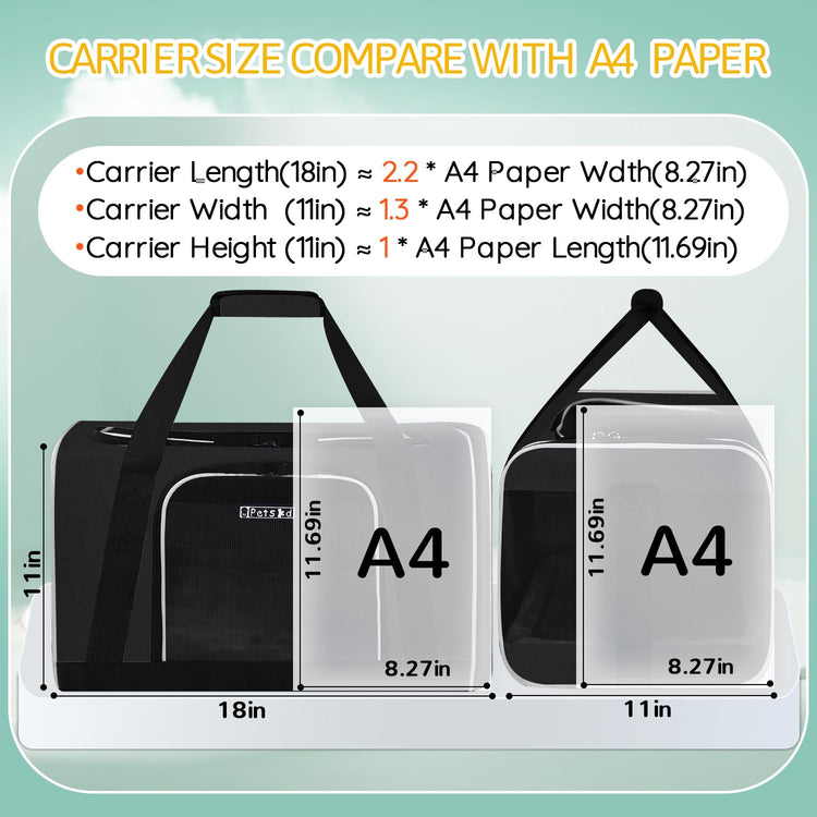 Petskd Pet Carrier 17x11x9.5 Alaska Airline Approved,Pet Travel Carrier Bag for Small Cats and Dogs, Soft Dog Carrier for 1-10 LBS Pets,Dog Cat Carrier with Safety Lock Zipper(Black)