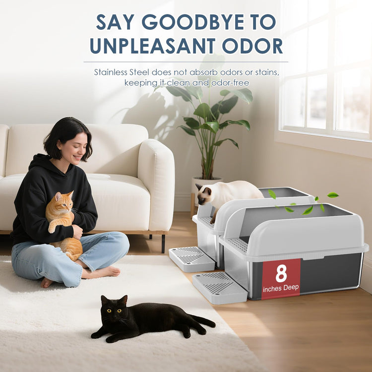 Extra Large Stainless Steel Litter Box with Lid, High Sides Enclosed Cat Litter Box for Big Cats & High Peeing, Anti-Leak & Odor Control Metal Litter Pan, Easy Clean Non-Stick Kitty Litter Box