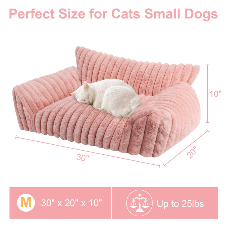 Cute Cat Couch Bed for Indoor Cats, Fluffy Pet Cat Sofa with Premium Soft Corduroy Fleece, Cute Small Dog Beds for Small Dogs, Fuzzy Puppy Chair with Removable Washable Cover (24x18x10,Grey)