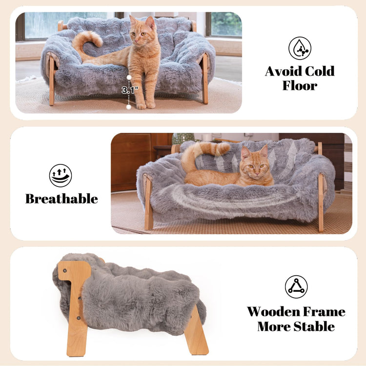CHEERHOME PETS Elevated Cat Couch Bed for Indoor Cats, Wooden Cat Sofa with Removable Washable Fluffy Cover Raised Kitty Lounge Chair Suitable for Puppy(Cat Sofa Off-White)