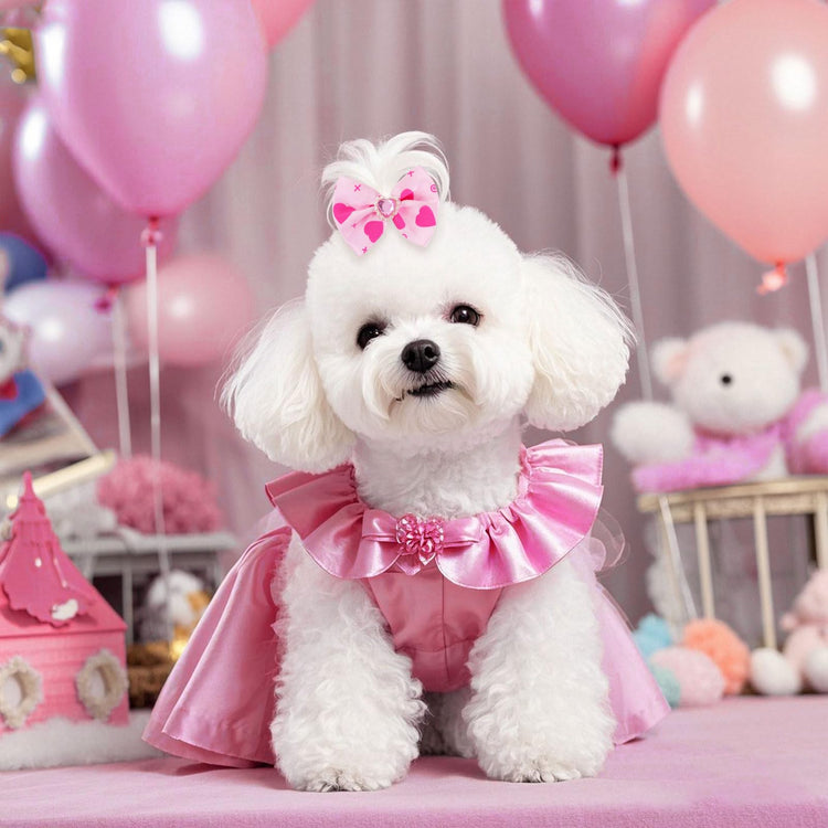 20 PCS Cute Dog Hair Bows with Rubber Bands Elastic Handmade Mix Style Lace Rhinestone Pearls for Furry Puppy Cat Pet Girl, Pink